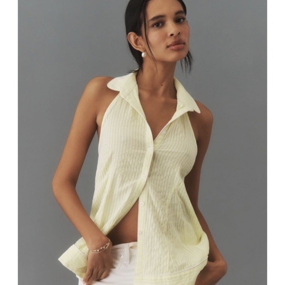 Maeve Anthropologie NWT Yellow & White Striped Button Halter Top Backless XS - Picture 1 of 14